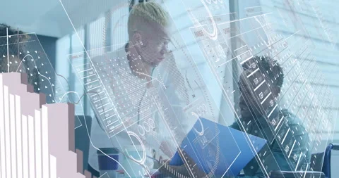 Team making phone call while reviewing folder and animating data charts showing Stock Footage 315575034