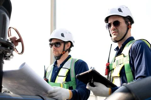 Team man engineer inspecting industrial pipes looking blueprint and digital.. Stock Photos