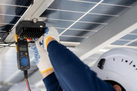 Team man engineer inspection maintenance solar panel, renewable energy, ins.. Stock-Fotos