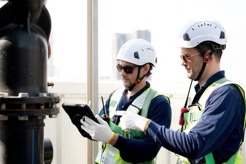 Team man engineer inspection pipe tablet, industrial rooftop safety mainten.. Stockfoto's