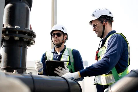 Team man engineer inspection pipe tablet, industrial rooftop safety mainten.. Stock Photos