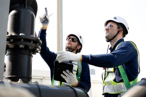 Team man engineer inspection pipe tablet, industrial rooftop safety mainten.. Stock Photos