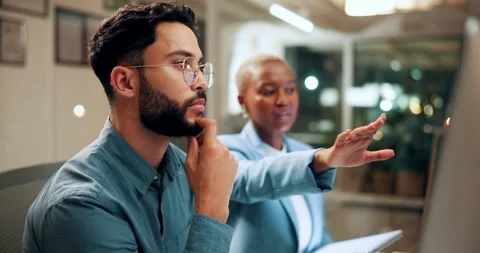 Team, man or trading advice on tech in office for chart patterns, market insight Stock Footage 336309375