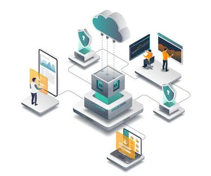 The team manages the cloud server and data security analyst 스톡 일러스트