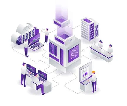 The team manages the cloud server and data analyst Stock Illustration
