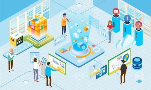 The team manages connected to cloud storage business people work at office,.. Stock Illustration