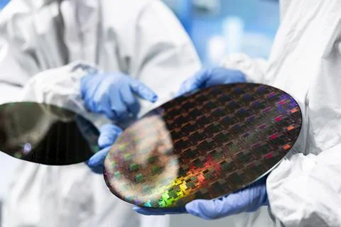 Team of manufacturing professionals inspecting semiconductor substrate Stock Photos