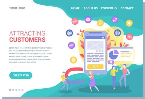 Team of marketers exploring customer base in mobile app. Attracting customers Stock Illustration