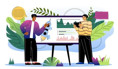 Team of marketers. Men near presentation with rocket, graphs and diagrams Stock Illustration