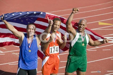Team With Medals And American Flag Stock-Fotos