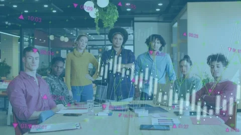Team meeting around table presentation launching finance charts animating over Stock Footage 334702969