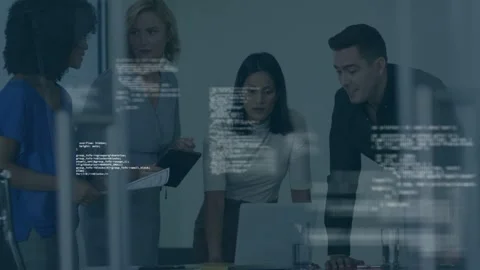 Team meeting laptop-side, man leaning forward starting review, tech code Stock Footage 334744154