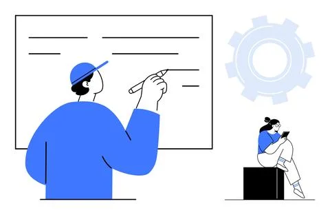 Team Member Writing on Board While Colleague Reviews Tablet in Tech Develop.. イラスト素材