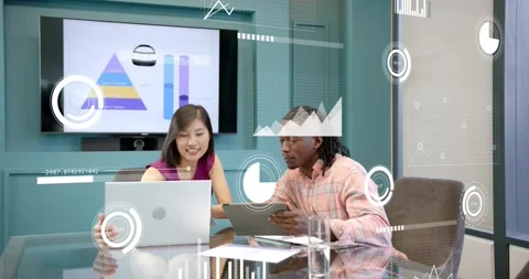 Team members adjusting laptop and pointing pyramid chart while tapping overlays Stock Footage 318608044