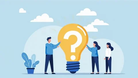 Team members brainstorming with a light bulb and question mark Stock Footage 317949765