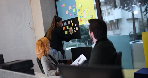 Team members collaborate on project planning using notes on wall in office Stock Footage 338363516