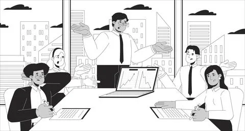 Team members conducting competitors analysis black and white line illustratio Stock Illustration