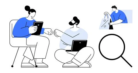 Team members discuss project using tablet and laptop, another figure carrying Stock Illustration