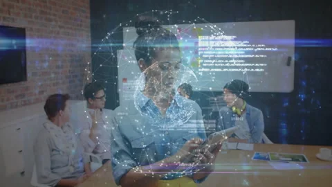Team members discussing code in tech meeting room, overlaying hologram network Stock Footage 307467199