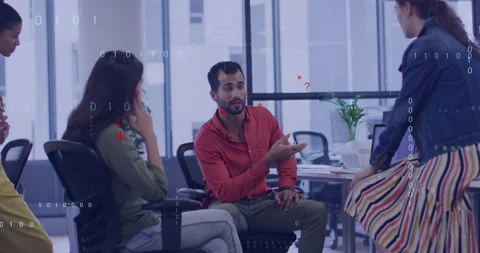 Team members gesturing discussing code starting code streams and C++ overlaying Stock Footage 314688224