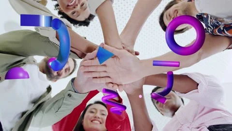 Team members leaning in, stacking hands showing teamwork in business, purple 3D Stock Footage 333193560