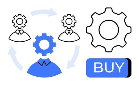 Team members represented by gears connected by arrows indicate collaboration. Stock Illustration