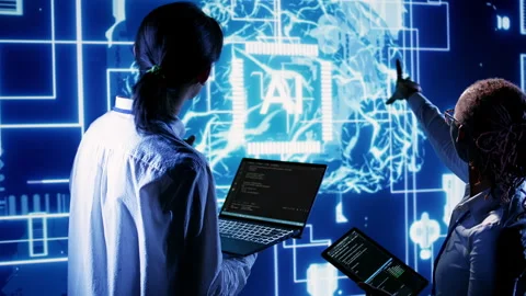 Team members run AI code in data center Stock Footage 249020814