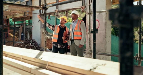Team, men and inspection for construction project, discussion or development Stock Footage 336224800