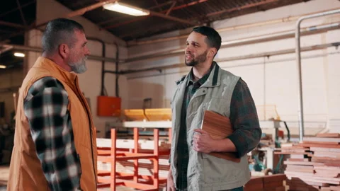 Team, men and talk in carpentry workshop for production progress, project update Stock Footage 338046371