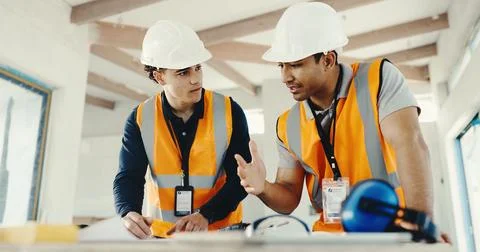 Team, men or engineer planning with blueprint for construction site, layout or Stock Photos