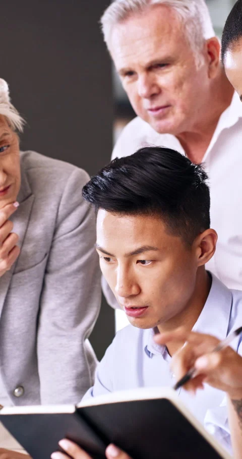 Team, mentor and advice with notebook in business for market summary, trading Stock Footage 336697600