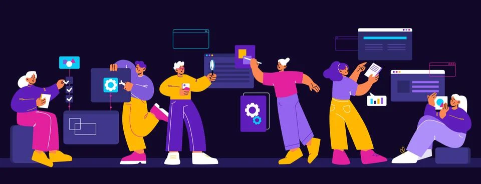 Team of mobile and web app development 스톡 일러스트