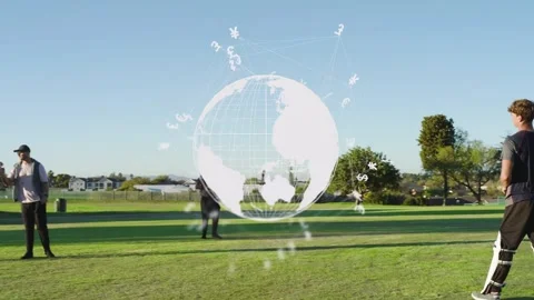 Team moving 3D globe overlaying mid obscuring team, batter swinging on pal Stock Footage 333193178