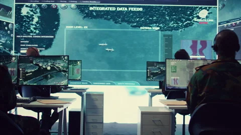 Team of national guard machinists operating on CCTV radar surveillance Video stock 277664458