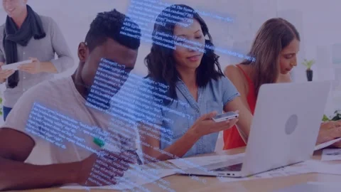 Team noting, tapping laptop and calling in tech office, blue code overlay Stock Footage 334810884