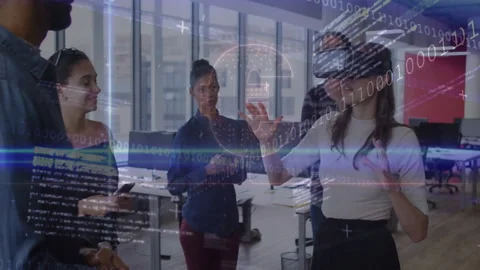 Team observing VR user moving hands in office generating floating code globe Stock Footage 313308169