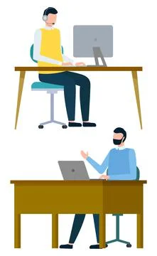 Team in Office, Company Workers Using Laptops Stock Illustration