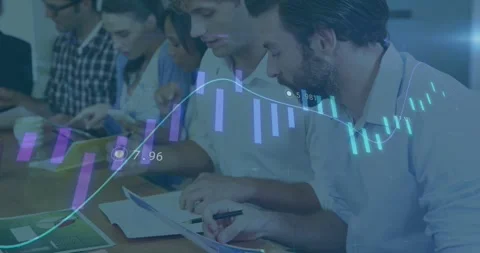 Team in office watching data overlay sparking two men reviewing reports and Stock Footage 333965830