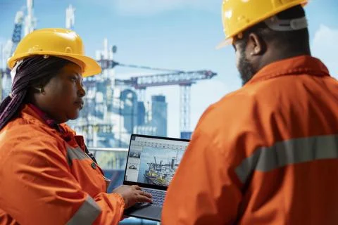 Team of offshore platform technicians using laptop software to monitor equipment Stock Photos