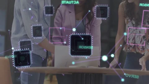 Team opening laptop, exchanging control and tapping keys while testing sensor Stock Footage 333552889