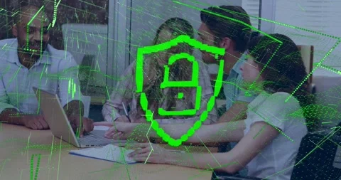 Team opening laptop while laying notebook, shield icon animating unlocking data Stock Footage 318259914