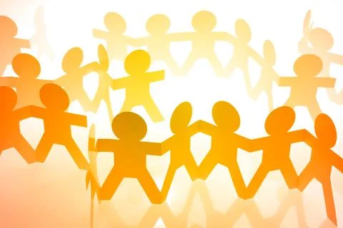 Team of paper chain people united together holding hands Stock Illustration
