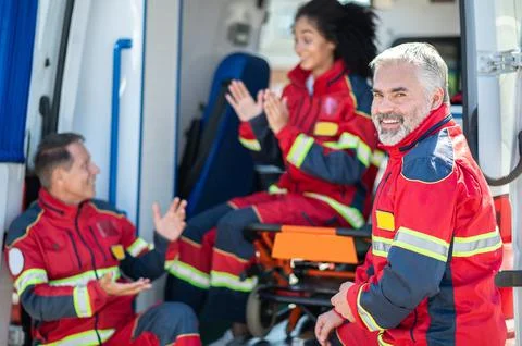 Team of paramedics communicating before their shift Stock Photos
