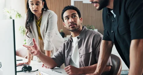 Team, people and advice with computer in office for market shift, stocks news or Stock Footage 329359727