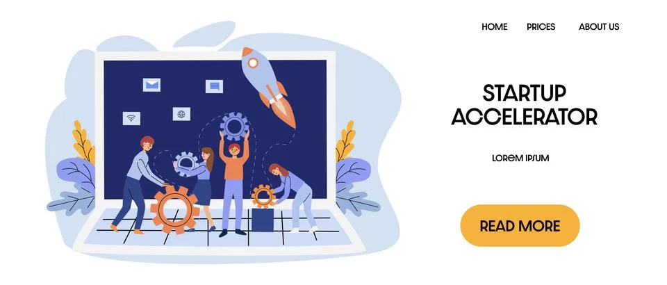 Team of people assembling gears in front of a laptop and rocket Stock Illustration