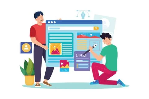 Team People Building Creating Application User interface Front view. Stock Illustration