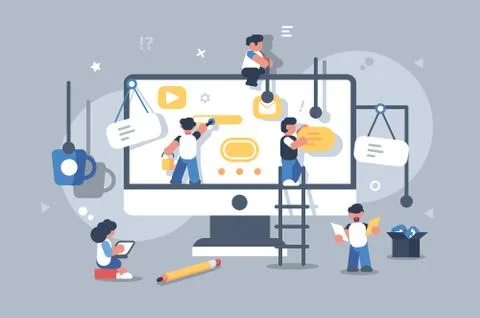 Team of people building or designing computer app. Stock Illustration