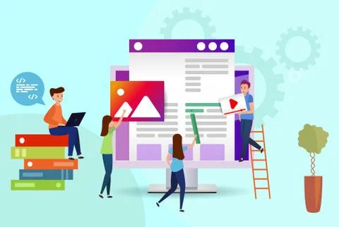 A team of people creates a website. Programmers, designers, video editors, Illustrazione stock