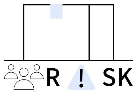 Team of people evaluating risks represented by text RSK with exclamation mark Illustrazione stock