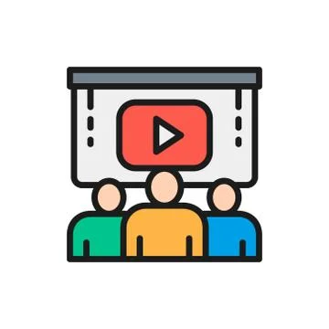 Team people at presentation video project flat color line icon. 스톡 일러스트